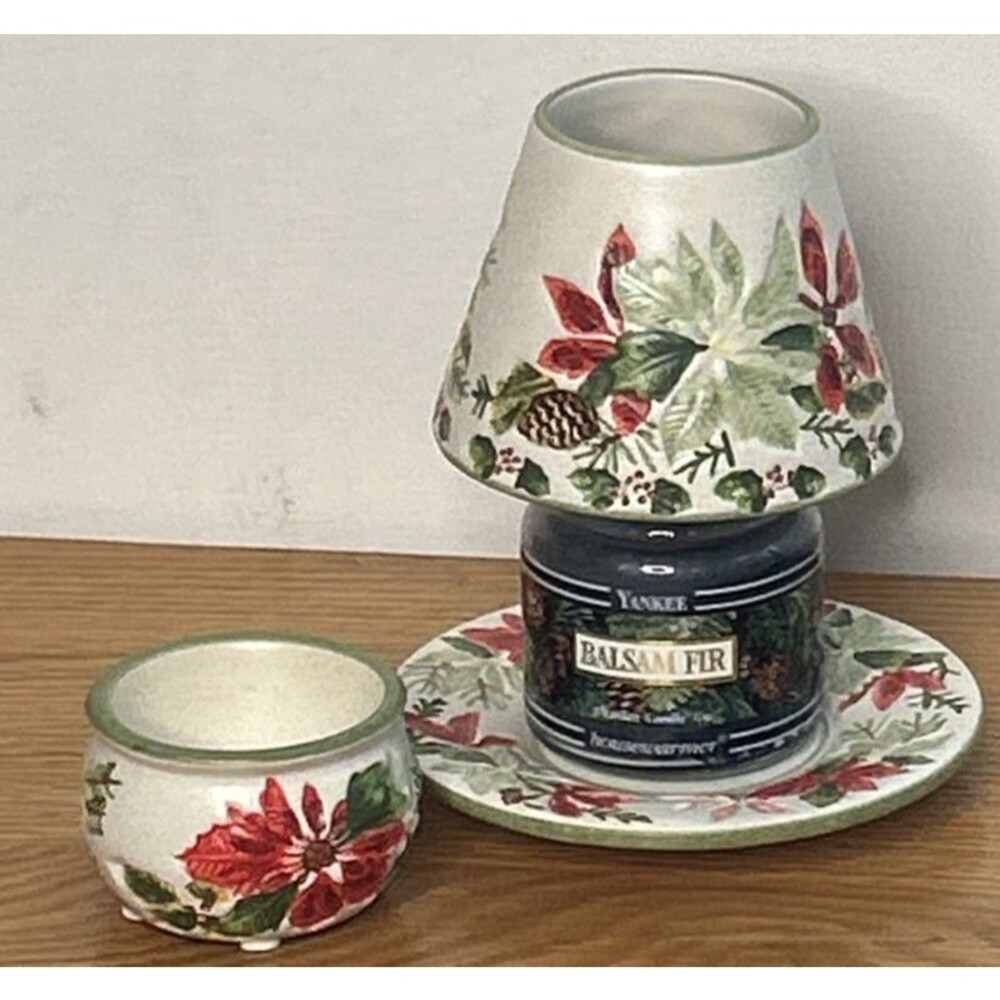 Yankee Candle & Poinsettia Ceramic Candle Jar Topper 4 piece set Hostess Gift - Picture 1 of 4